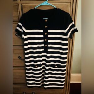 Navy and White Striped Dress with Gold Buttons